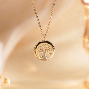 May include: A gold-toned necklace featuring a circular pendant with a cut-out tree design. The tree trunk is embellished with small clear stones and the name Jennifer is engraved at the base of the trunk. The pendant hangs from a delicate gold chain.