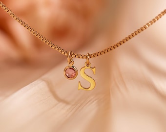 Personalized Birthstone Initial Necklace, Custom Letter Necklace with Birthstone, Gold Necklace for Mom, Birthday Gift, Mothers Gift for Her