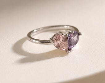 Personalized Heart Birthstone Ring, 2 Birthstone Ring, Mother's Ring, Dainty Stacking Jewelry Meaningful Gift for Her, Graduation Gift