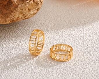 Anel personalizado com numerais romanos, aliança de casamento em ouro maciço 18K com data, anel delicado e especial com numerais romanos, presente de aniversário, presente de Natal.