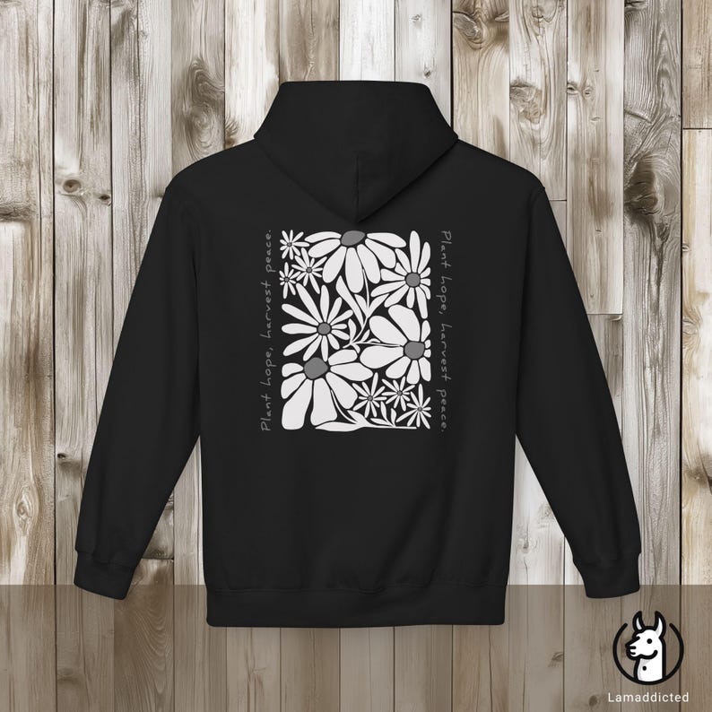 Bluza z kapturem w kwiaty w stylu boho vintage z mocnym cytatem „Posadź nadzieję, zbierz pokój”. Bluza z kapturem z motywem dzikich kwiatów, nadruk z tyłu, idealny prezent dla miłośnika natury Black