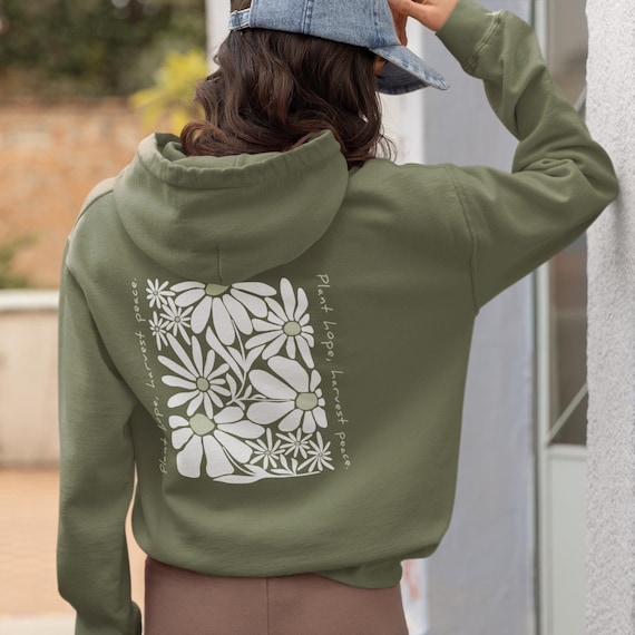 Vintage Boho Floral Hoddie with Powerful Quote "Plant hope, harvest peace.",  Wildflower Hoodie, Back Print, Perfect Nature Lover Gift