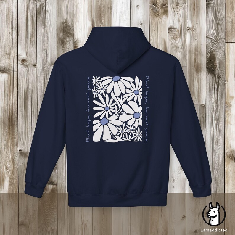 Bluza z kapturem w kwiaty w stylu boho vintage z mocnym cytatem „Posadź nadzieję, zbierz pokój”. Bluza z kapturem z motywem dzikich kwiatów, nadruk z tyłu, idealny prezent dla miłośnika natury Navy
