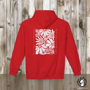 Bluza z kapturem w kwiaty w stylu boho vintage z mocnym cytatem „Posadź nadzieję, zbierz pokój”. Bluza z kapturem z motywem dzikich kwiatów, nadruk z tyłu, idealny prezent dla miłośnika natury Red