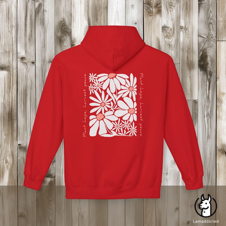 Bluza z kapturem w kwiaty w stylu boho vintage z mocnym cytatem „Posadź nadzieję, zbierz pokój”. Bluza z kapturem z motywem dzikich kwiatów, nadruk z tyłu, idealny prezent dla miłośnika natury Red