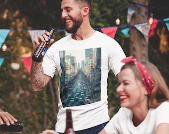 Cityscape Traffic Scene Cotton Tee, Urban Architecture Shirt