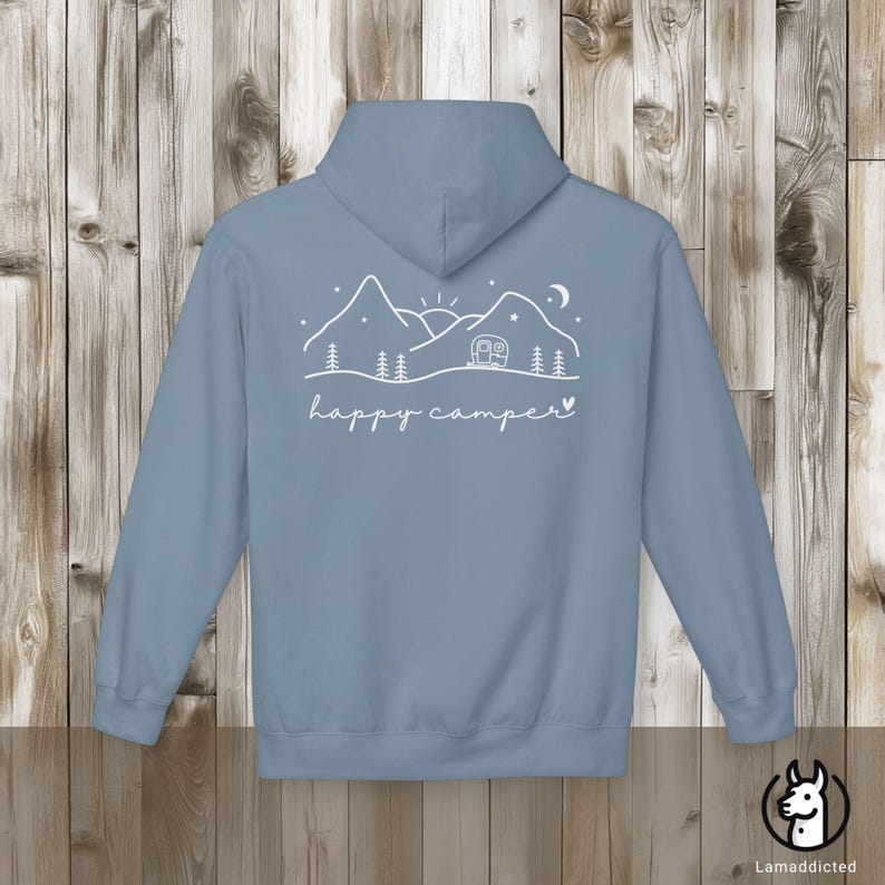 Adventure Happy Camper Hoodie - Camper Mountain Hoddie Unisex Pullover oversize Outdoor Gift Stone Blue