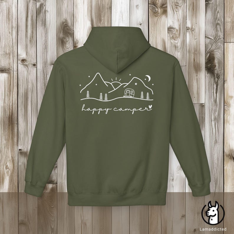 Adventure Happy Camper Hoodie - Camper Mountain Hoddie Unisex Pullover oversize Outdoor Gift Military Green