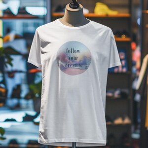 Abstract T-Shirt 'Follow Your Dreams' Cloudscape Tee, Pink Blue Sky Shirt, Unisex Cotton Top, Inspirational Graphic Tee, Gift for Dreamers