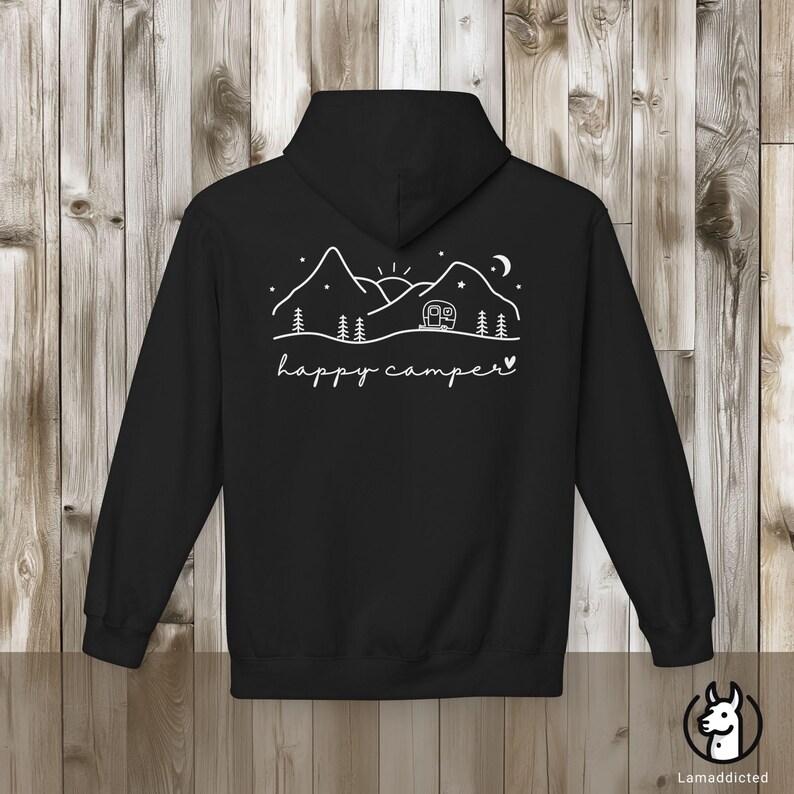 Adventure Happy Camper Hoodie - Camper Mountain Hoddie Unisex Pullover oversize Outdoor Gift Black