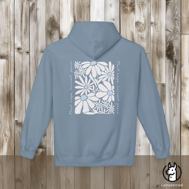 Bluza z kapturem w kwiaty w stylu boho vintage z mocnym cytatem „Posadź nadzieję, zbierz pokój”. Bluza z kapturem z motywem dzikich kwiatów, nadruk z tyłu, idealny prezent dla miłośnika natury Stone Blue
