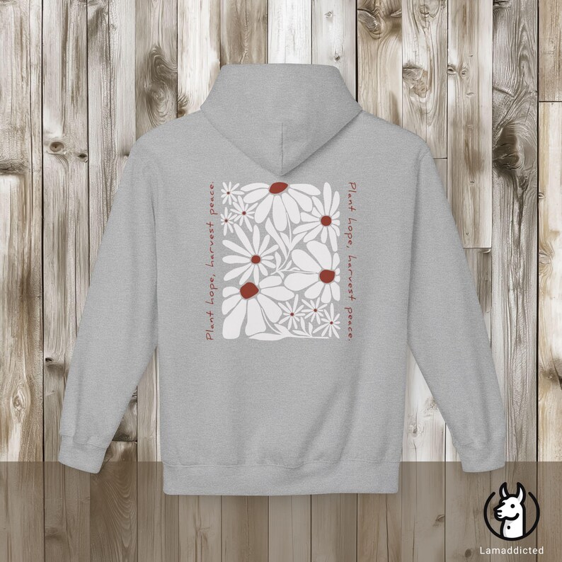 Bluza z kapturem w kwiaty w stylu boho vintage z mocnym cytatem „Posadź nadzieję, zbierz pokój”. Bluza z kapturem z motywem dzikich kwiatów, nadruk z tyłu, idealny prezent dla miłośnika natury Sport Grey