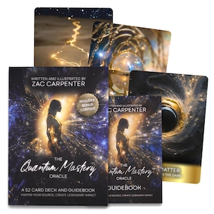 May include: The Quantum Mastery Oracle deck and guidebook by Zac Carpenter. The cover features a silhouette of a person with a cosmic background. Includes bonus content. The deck includes 52 cards and a guidebook to master your source and create legendary impact.