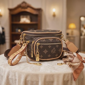 May include: A brown crossbody bag featuring a repeating monogram pattern, a front zippered pocket, and gold-tone hardware. The bag includes a detachable strap with metallic studs, a hanging gold chain with a lock charm, and a patterned silk scarf.