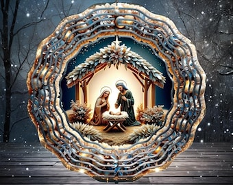May include: A circular hanging ornament featuring a nativity scene with figures of Mary, Joseph, and the infant Jesus inside a wooden stable. The frame is decorated with layered, wavy metallic patterns in gold and blue tones with a star at the top.