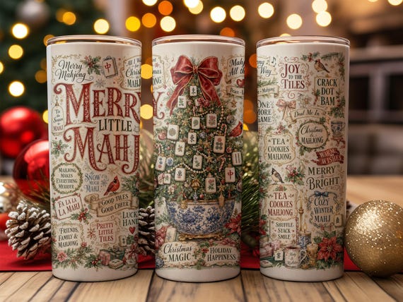 Merry Mahjong Christmas Tumbler Wrap PNG | Holiday Sublimation Design for Mahjong Lovers Festive Gaming Gift Digital