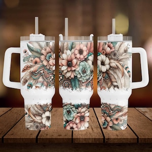 Boho Floral PNG Tumbler Design, Pastel Flower Wrap for 40oz Tumbler, Boho Feather Sublimation Designs Downloads for 40 oz Tumbler