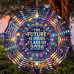 May include: A layered, circular wind spinner with a graduation theme. The design features the text "THE FUTURE IS YOURS CLASS OF 2026" in gold, surrounded by a colorful, intricate pattern of stars, fireworks, and graduation caps. The edges have a wavy, layered design.