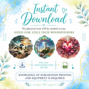 May include: Digital design files for 12x12 inch windspinners featuring three circular graphics: a horse in a desert landscape, a lighthouse by the sea, and a large red heart. Includes text: Instant Download, PNG File, and sublimation requirements.