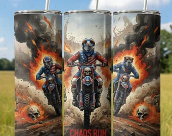 20oz Tumbler Wrap Sublimation Design, Motocross Dirt Bike Race, Patriotic Skull, Chaos Run Tumbler, Full Wrap Design, PNG Download