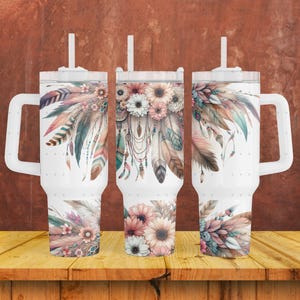 Pastel Flower Wrap for 40oz Tumbler, Boho Floral PNG Tumbler Design, Feather Sublimation Designs Downloads for 40 oz Tumbler