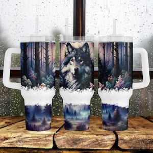 Grey Wolf 40oz Tumbler Wrap Design, 40 ounce quencher handle cup sublimation png, 40 oz Boho Moon Wolf Tumbler Design File