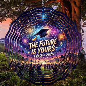 May include: A graduation-themed wind spinner with a vibrant design. The central image features fireworks, a graduation cap, and the text "THE FUTURE IS YOURS - CLASS OF 2026+". The outer edges have a layered, wavy pattern in shades of blue and purple.