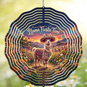 May include: A decorative metal wind spinner featuring a colorful illustration of a llama wearing a sombrero, with the text "Llama Fiesta Time." The background depicts a festive scene with flowers, lights, and a crowd.