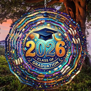 May include: A round, layered graduation decoration with the text "2026 Class of Graduation." The design features a graduation cap, books, and scrolls in shades of blue, gold, and purple. The background shows a tree, greenery, and a sunset.