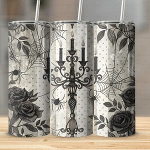 Halloween 20oz beker wrap sublimatie png digitaal, spookachtige kaarsen, spinnenwebben, rozen beker ontwerp, gothic beker wrap, digitale download