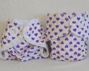 Small Cloth Diaper and Diaper Cover Set- 6 to 12 pounds- Purple Hearts- (Inv #33018)