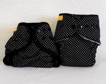 Small Cloth Diaper and Diaper Cover Set- 6 to 12 pounds- Black Polka Dots- (Inv #33016)