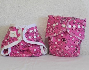 Small Cloth Diaper and Diaper Cover Set- 6 to 12 pounds- Pink Bandana- (Inv #33020)