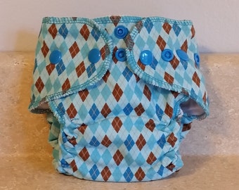 Fitted Newborn Cloth Diaper- 4 to 9 pounds- Blue and Brown Argyle- 16018