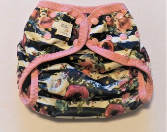 Large PUL Diaper Cover with Leg Gussets- 20 to 30 pounds- Roses on Navy White Stripes (Inv #23023)