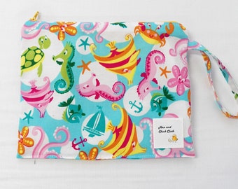 Small Wetbag- Ocean Friends- 9"x7" waterproof bag, diaper bag, swim bag, cloth pad case (Inv #2021)