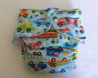 Fitted Large Cloth Diaper- 20 to 30 pounds- Flannel Cars- Inventory #19022