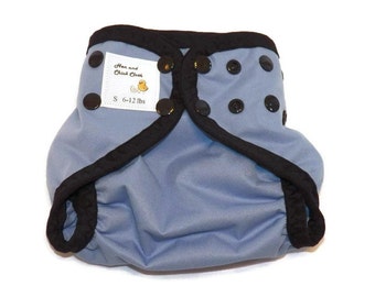 Small PUL Diaper Cover with Leg Gussets- 6 to 12 pounds- Cornflower Blue and Black- 21017
