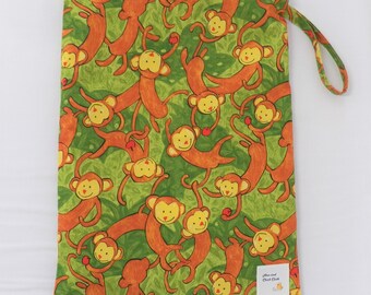 Large Wetbag- Monkeys- 11"x15.5" Zippered PUL/Waterproof Bag, Travel Bag, Cloth Diaper Bag, Menstrual Period Bag (Inv #4014)