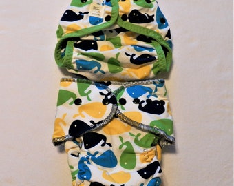 Whales- Fitted Medium Cloth Diaper and Cover Set- 10 to 20 lbs- RTS, Washable, Reusable, Eco Friendly, Waterproof (Inv #51012)