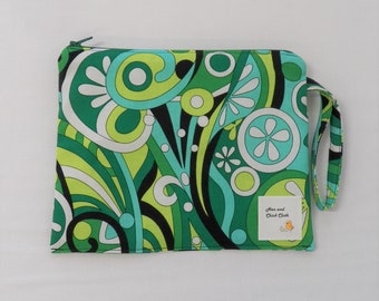 Small Wetbag- Green Swirls- 9"x7" waterproof bag, diaper bag, swim bag, cloth pad case (Inv #2020)