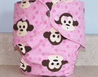 Fitted Large Cloth Diaper- 20 to 30 pounds- Pink Monkeys- 19016