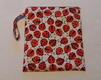 Lady Bugs- Medium Wetbag- Zippered PUL/Waterproof Bag, Travel Bag, Cloth Diaper Bag, Menstrual Period Bag- Inv #3022