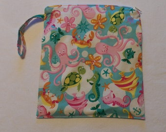 Ocean Friends- Medium Wetbag- Zippered PUL/Waterproof Bag, Travel Bag, Cloth Diaper Bag, Menstrual Period Bag- Inv #3019