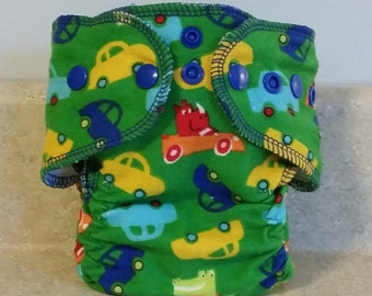 Fitted Newborn Cloth Diaper- 4 to 9 pounds- Cars on Green- 16003
