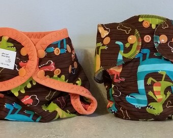 Newborn Cloth Diaper & Diaper Cover Set-  4 to 9 pounds- Dinos on Brown- 29001