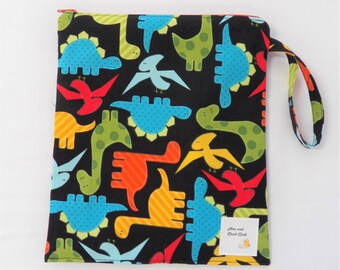 Medium Wetbag- Dinos on Black- 9"x10" Zippered PUL/Waterproof Bag, Travel Bag, Cloth Diaper Bag, Menstrual Period Bag (Inv #3023)