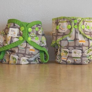 Op de afbeelding: Twee groene en grijze katoenen luiers met een patroon van potten en insecten. De luiers hebben een groene rand en drukknopen. De tekst "Little and Chic Cloth" staat op één luier.