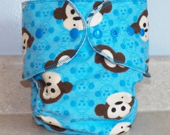 Fitted Small Cloth Diaper- 6 to 12 pounds- Blue Monkeys- 17010