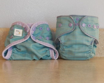 Newborn Cloth Diaper & Diaper Cover Set-  4 to 9 pounds- Lavender and Blue Plaid- 29076